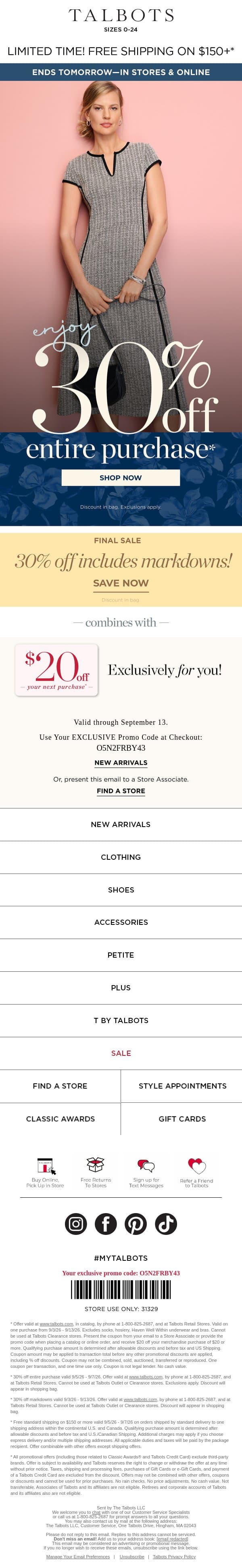 30% off entire purchase includes markdowns + a FREE shipping offer!* email from Talbots screenshot