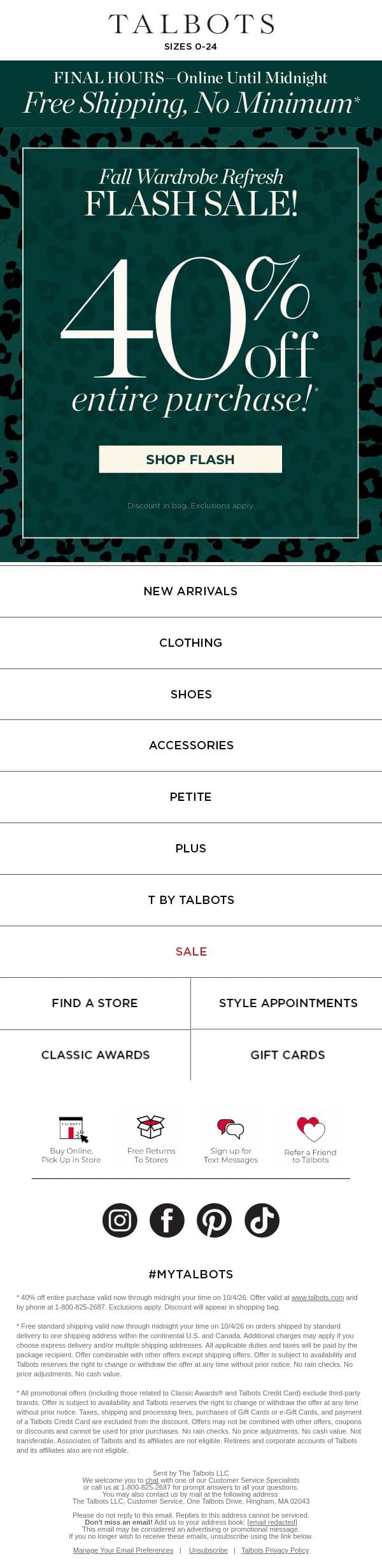 🤎 FINAL HOURS 🤎 40% off entire purchase* email from Talbots screenshot
