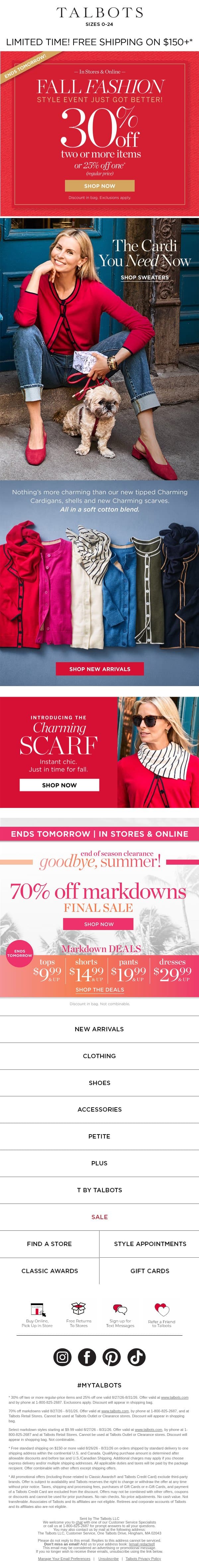 30% off 2+ items ENDS TOMORROW + The Cardi you need for Fall* email from Talbots screenshot