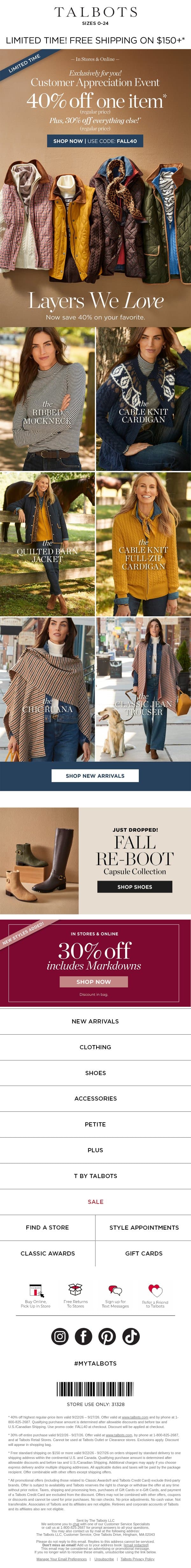 EXCLUSIVELY FOR YOU! 40% off 1 + 30% off everything else email from Talbots screenshot