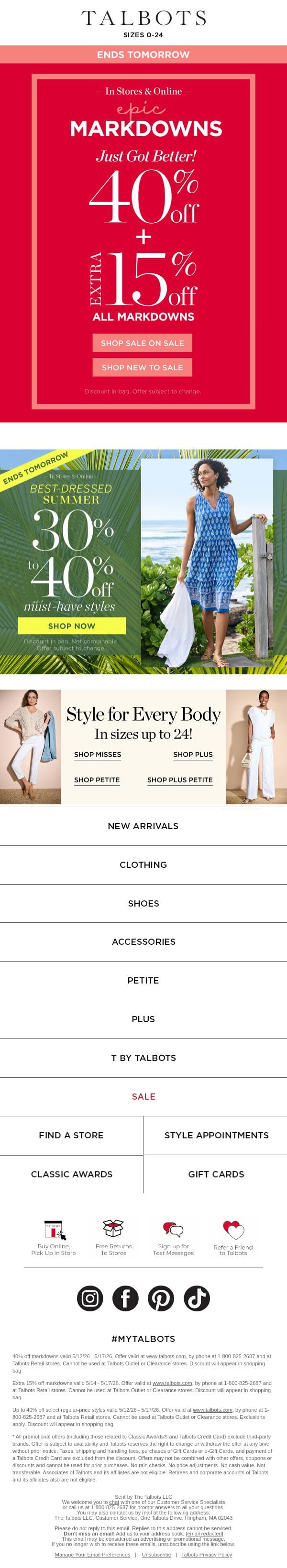 Extra 40% + 15% off NEW SALE STYLES just added! email from Talbots screenshot