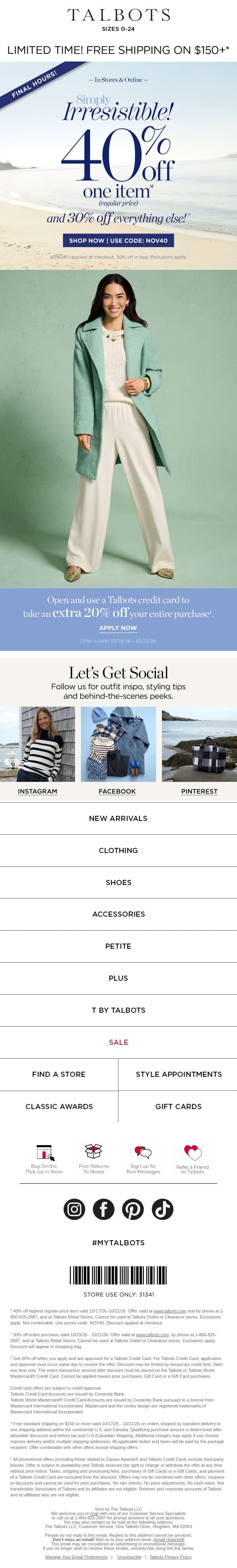 👋 Goodbye 40% off 1 + 30% off the rest! email from Talbots screenshot