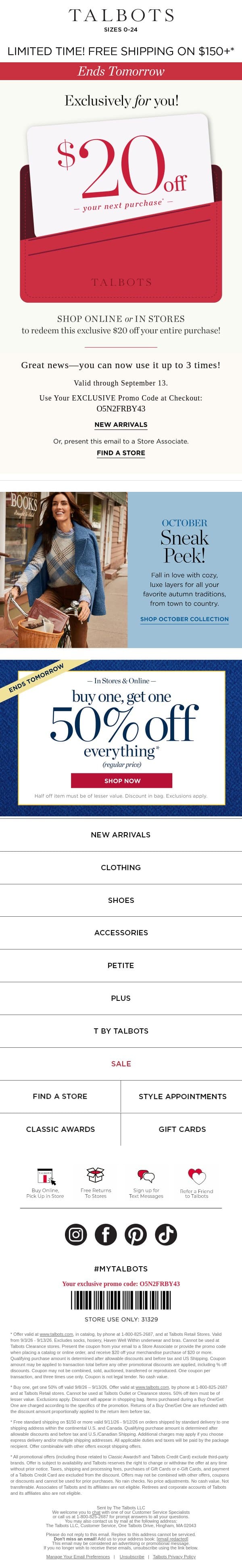 Use your $20 off to SAVE MORE! email from Talbots screenshot