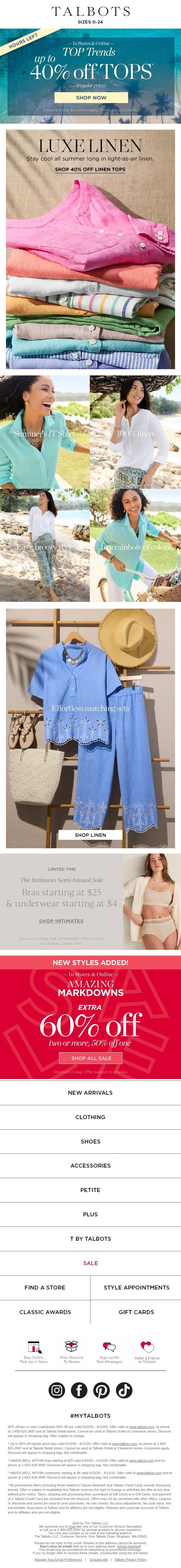 HOURS LEFT! Up to 40% off TOPS email from Talbots screenshot