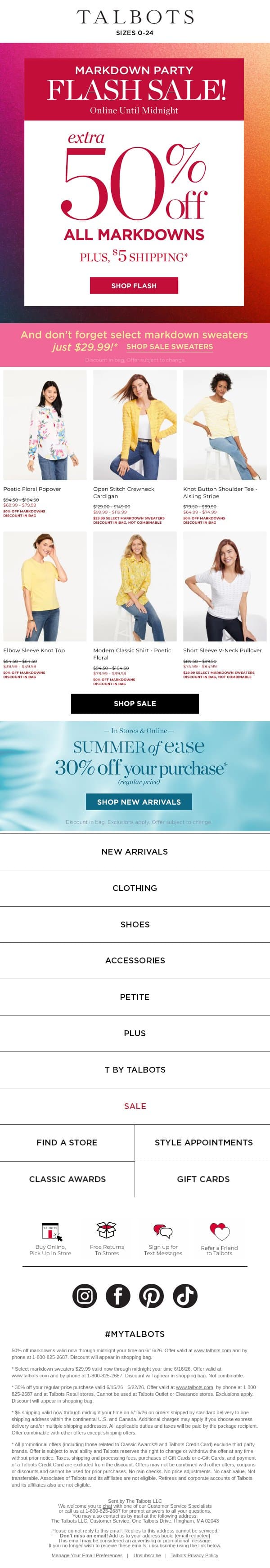 EXTRA 50% off markdowns 🎉 ENDS MIDNIGHT 🎉 email from Talbots screenshot