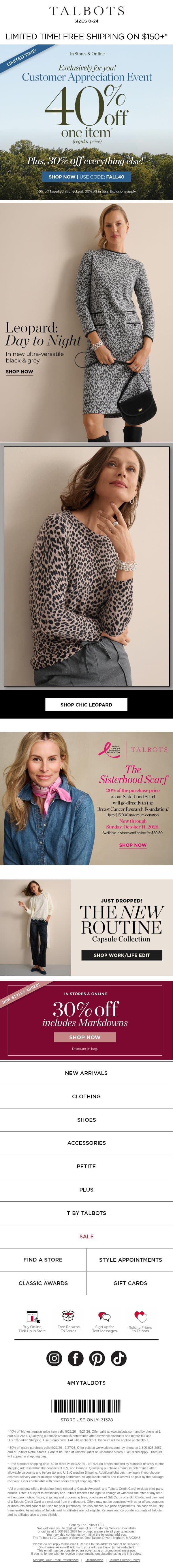 To show our thanks, enjoy 40% off 1 + 30% off everything else! email from Talbots screenshot