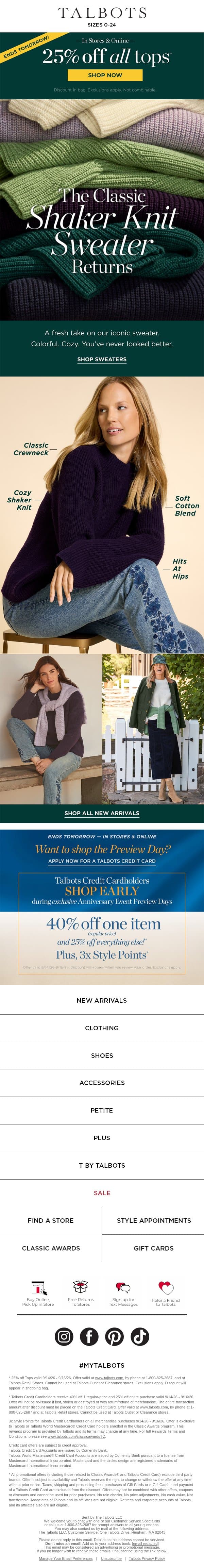 ALL these SWEATERS are 25% off! email from Talbots screenshot