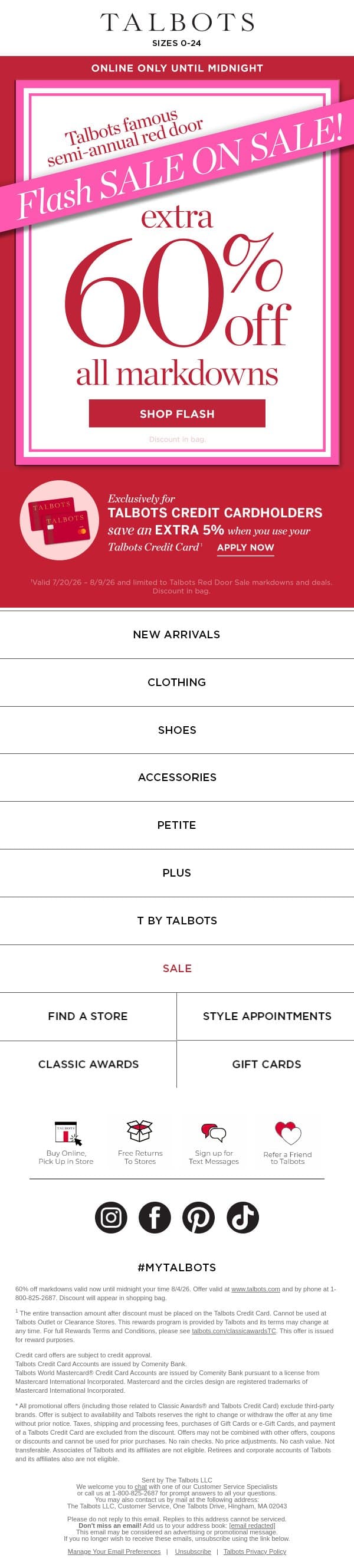 ⚡ Flash Sale ⚡ Extra 60% off all markdowns TODAY ONLY email from Talbots screenshot