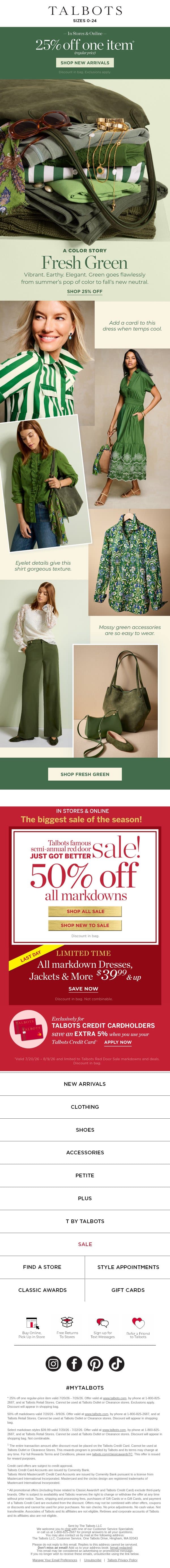 Fresh-Picked GREENS + 25% off 1 NEW style email from Talbots screenshot