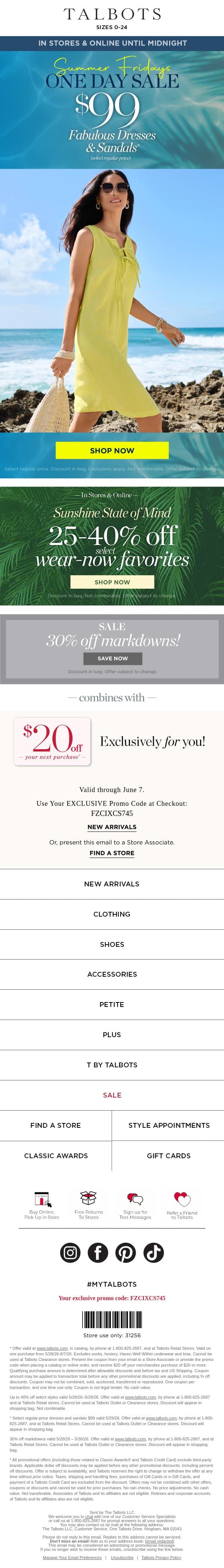 TODAY ONLY! $99 Dresses + Sandals ☀️ email from Talbots screenshot