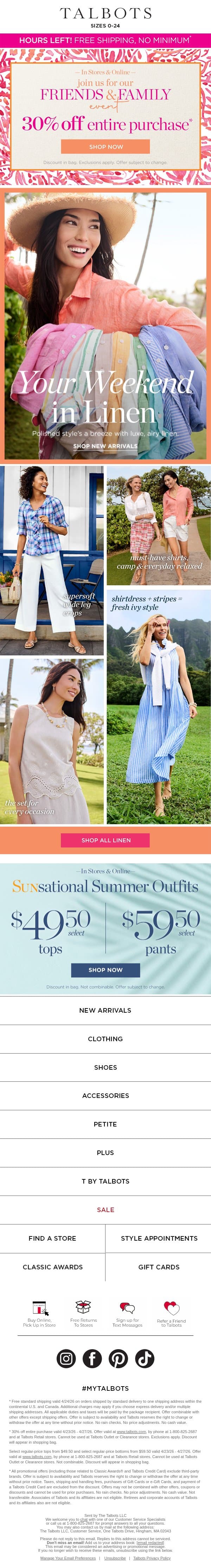 Linen to Live In + 30% off your ENTIRE purchase* email from Talbots screenshot