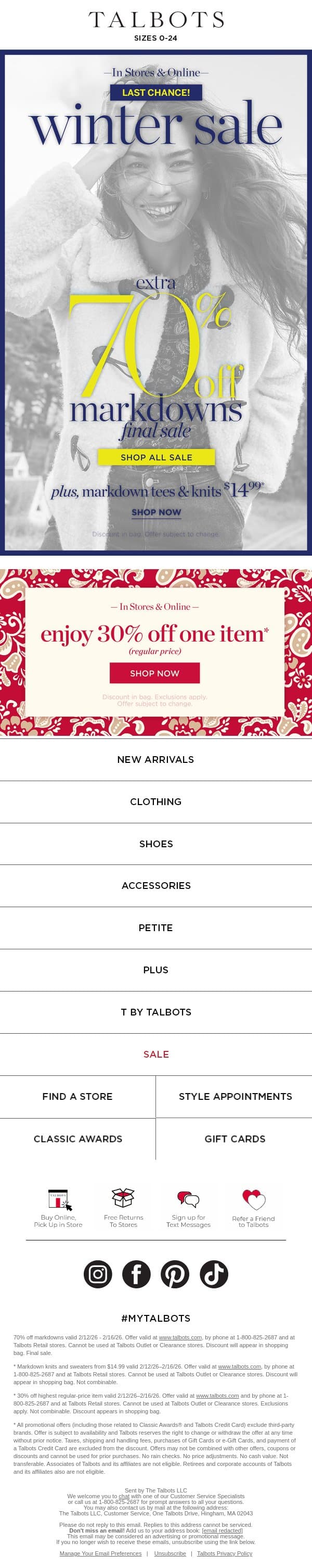 STARTS NOW! Extra 70% off Winter Clearance email from Talbots screenshot