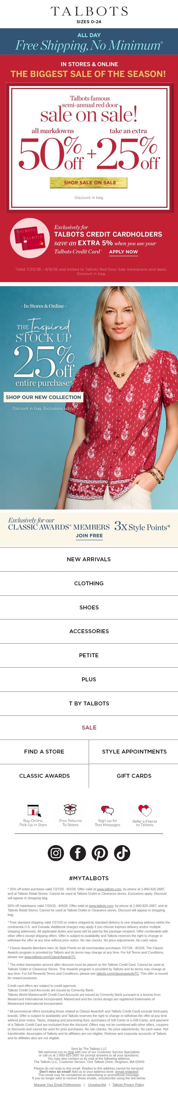 SALE ON SALE! Extra 50% + 25% off all markdowns email from Talbots screenshot
