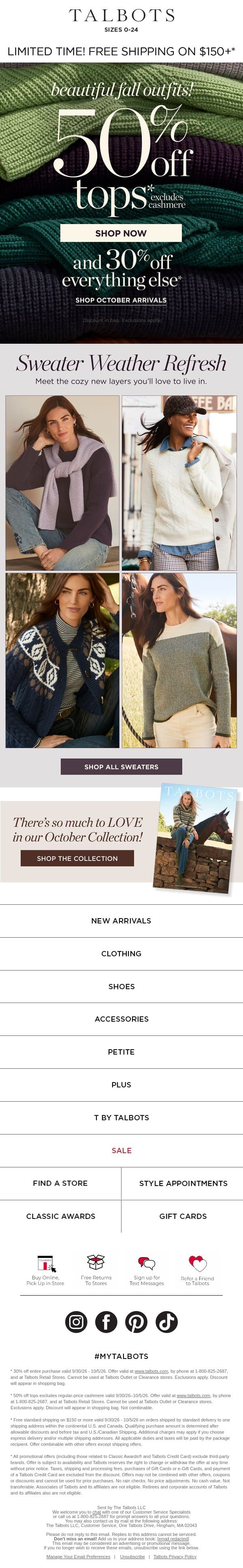 50% off TOPS + Sweater Weather Refresh* email from Talbots screenshot