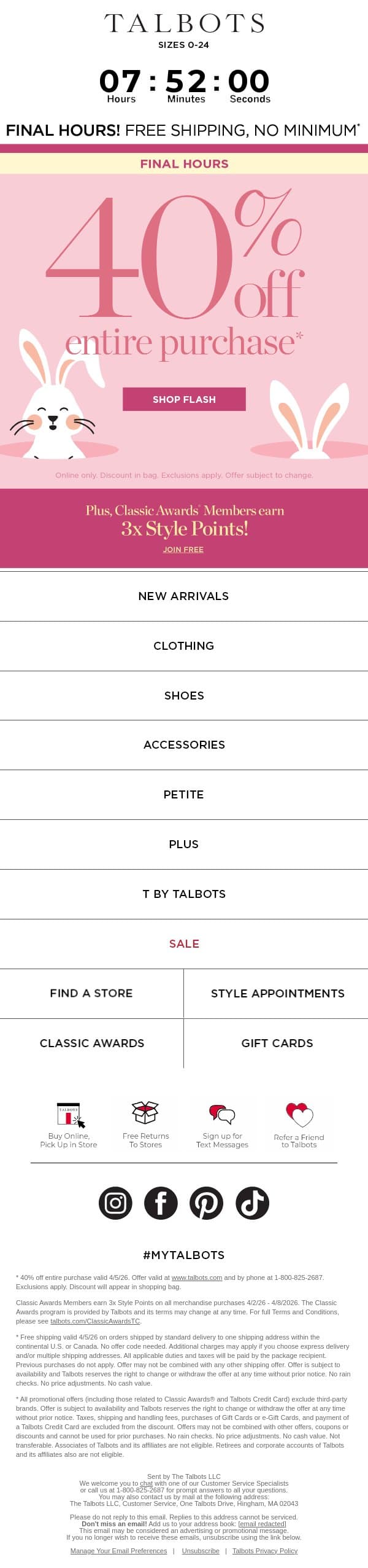 HURRY! 40% off + FREE shipping is ENDING email from Talbots screenshot