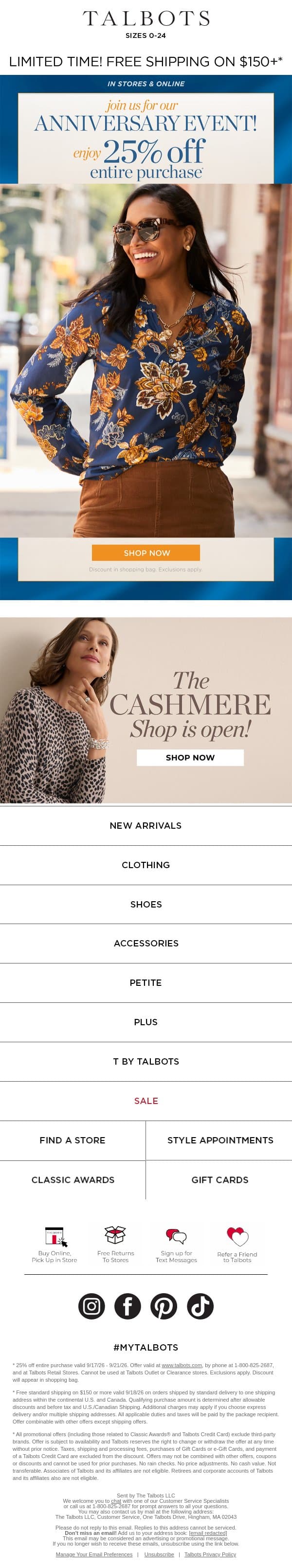 Our 25% off Anniversary Event IS ON!* email from Talbots screenshot