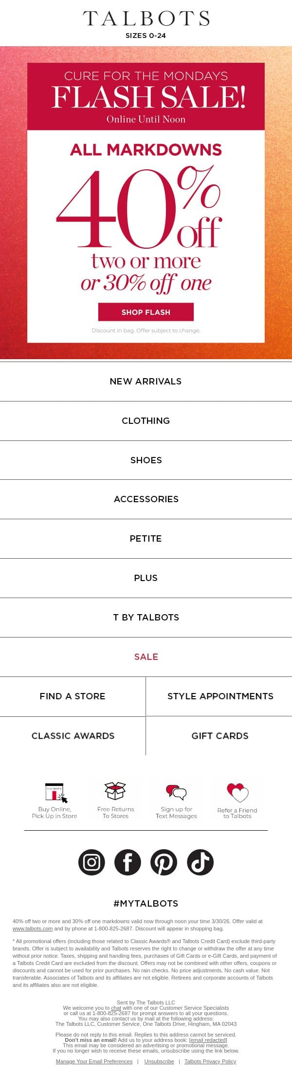 EXTRA 40% off 2+ markdowns ⚡ ENDS NOON ⚡ email from Talbots screenshot