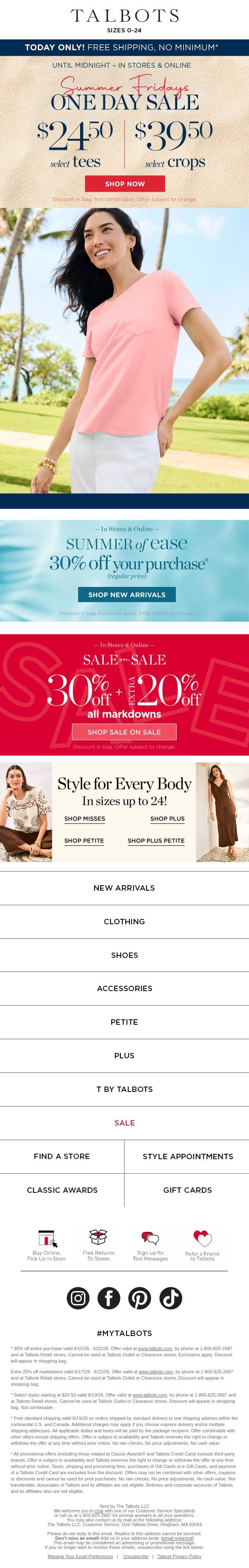 ONE DAY SALE! $24.50 tees + $39.50 crops email from Talbots screenshot