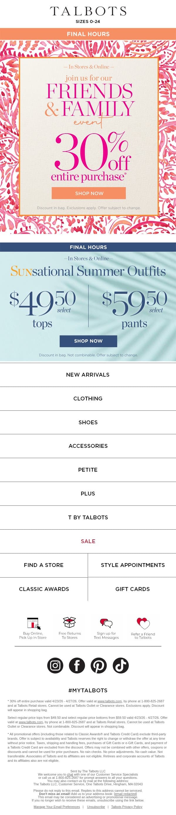 👋 Goodbye, $49.50 favorite tops + $59.50 favorite pants email from Talbots screenshot