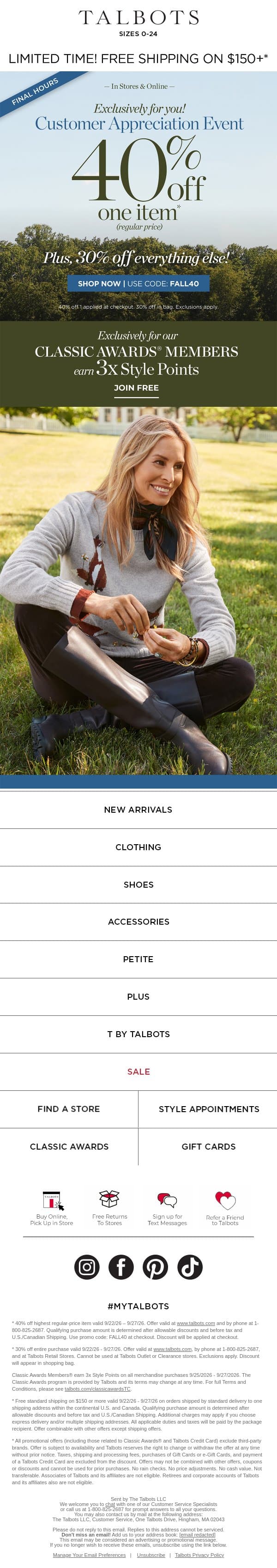 Wave goodbye to up to 40% off—plus 30% everything else email from Talbots screenshot
