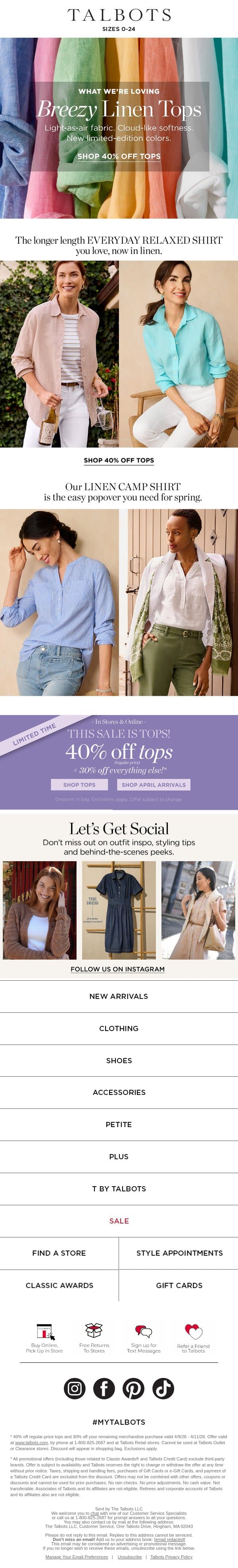 Ways to Wear: NEW Linen Tops (40% off!) email from Talbots screenshot