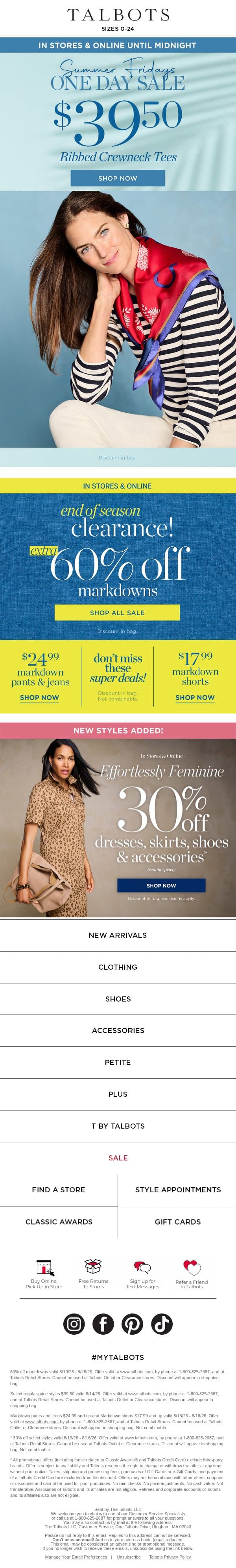 TODAY, ALL DAY! $39.50 TEES email from Talbots screenshot