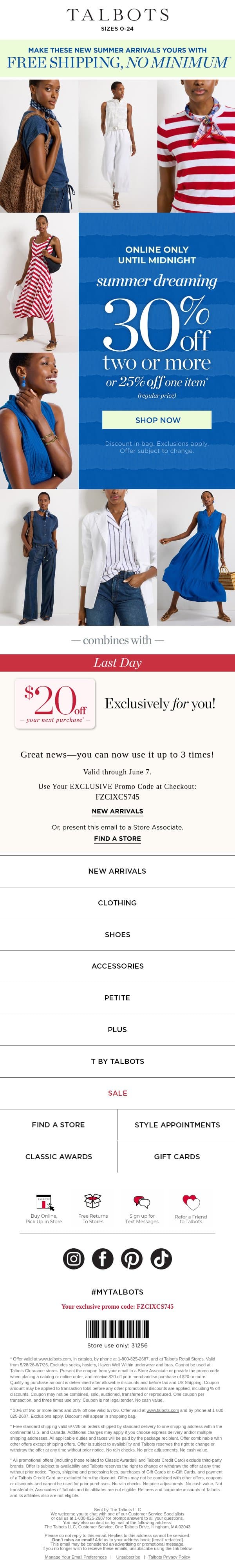 ONE DAY SALE! 30% off 2+ and FREE shipping email from Talbots screenshot