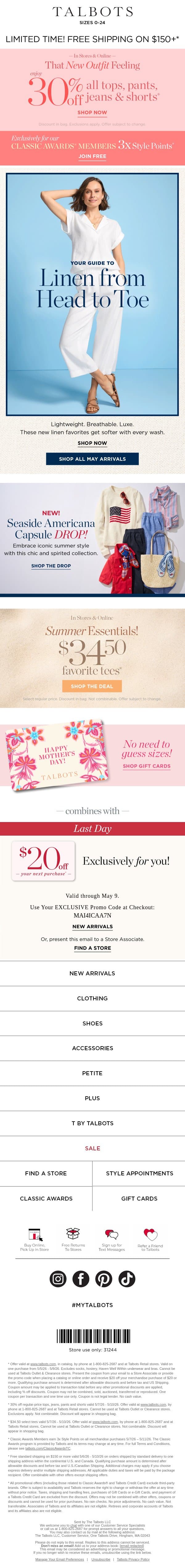 🌴 Aloha, Breezy Linen + 30% off mix & match SUMMER OUTFITS email from Talbots screenshot