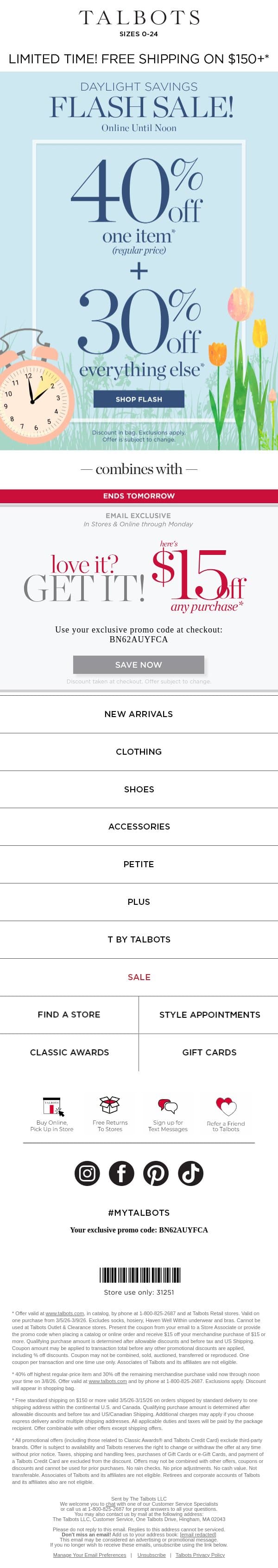 ⚡ Flash Sale ⚡ 40% off 1 + 30% off everything else* email from Talbots screenshot