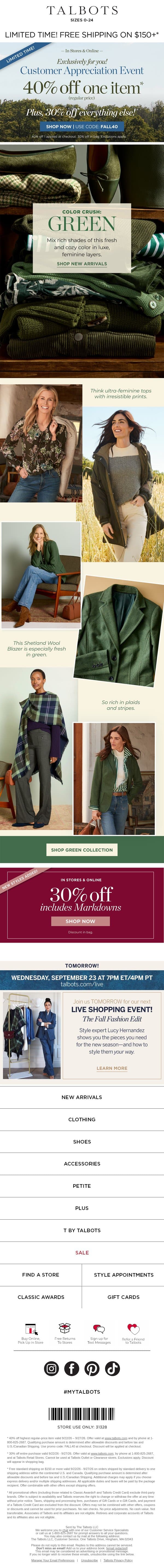 Which Layer is Your Favorite? 40% off 1* email from Talbots screenshot