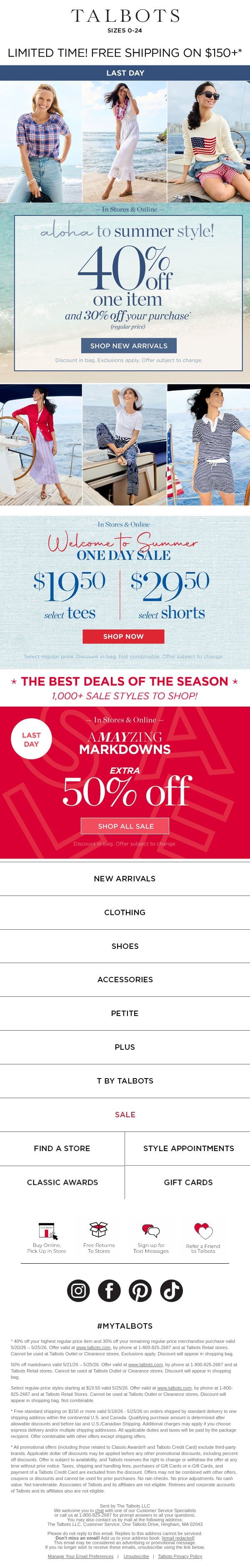 LAST DAY! 40% off 1 + 30% off the rest* email from Talbots screenshot