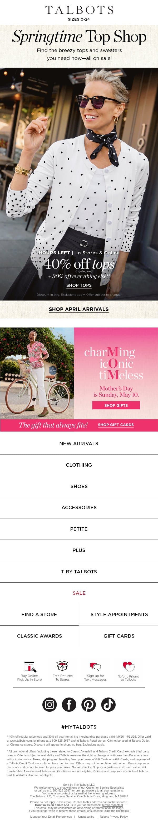 40% off these BESTSELLING TOPS! email from Talbots screenshot