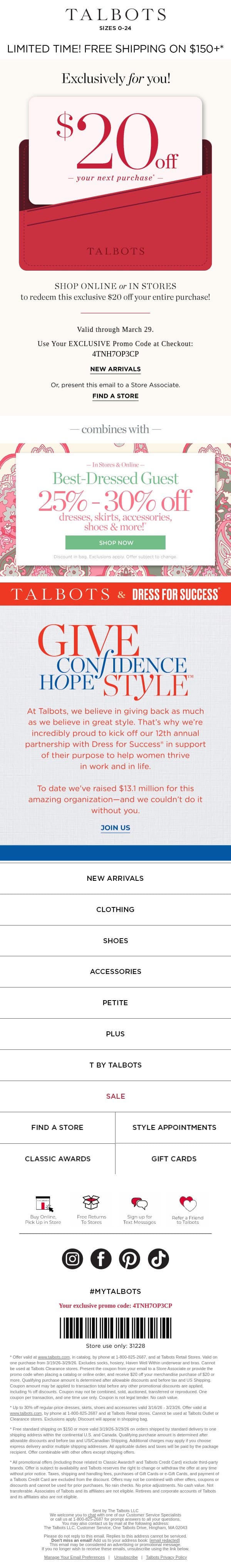 Your $20 off CODE is INSIDE! email from Talbots screenshot