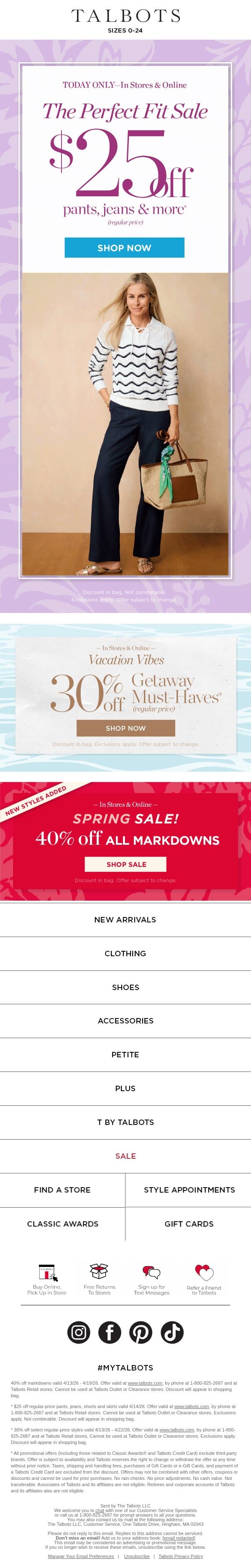 👖 TODAY ONLY! $25 off PANTS, JEANS, SKIRTS & SHORTS email from Talbots screenshot