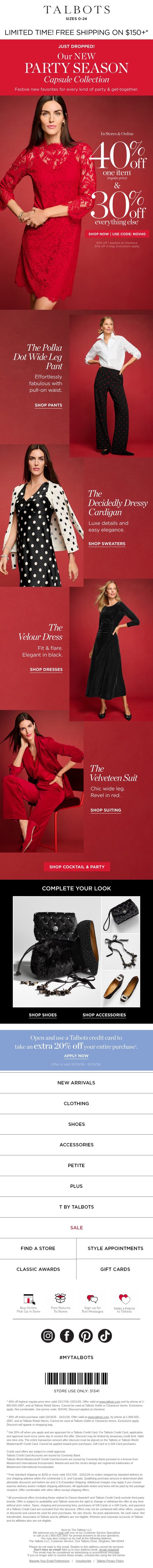 JUST DROPPED! Our New PARTY Season Capsule Collection email from Talbots screenshot