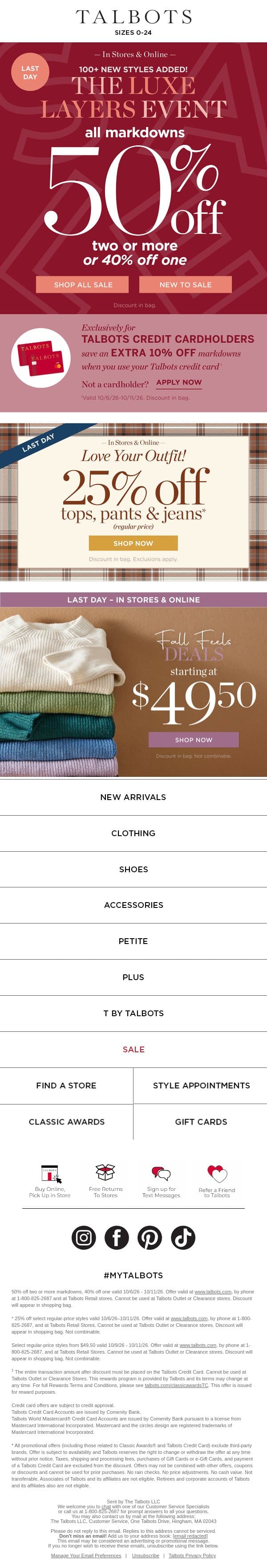 LAST DAY! 50% off 2+ markdowns, 40% off 1 email from Talbots screenshot