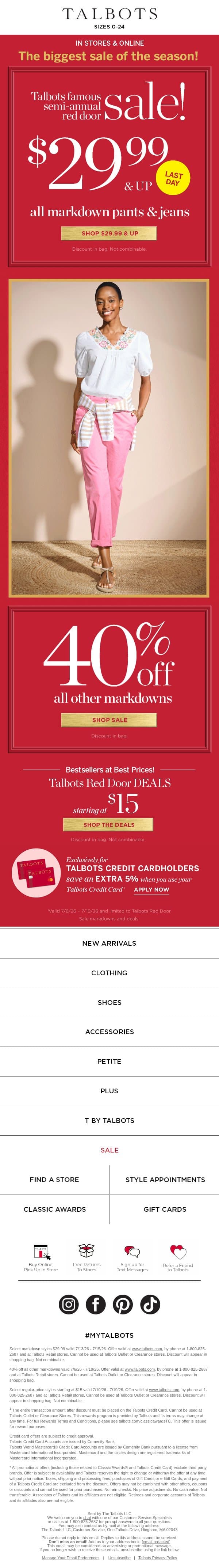>>> Last chance! $29.99 & up sale PANTS & JEANS <<< email from Talbots screenshot