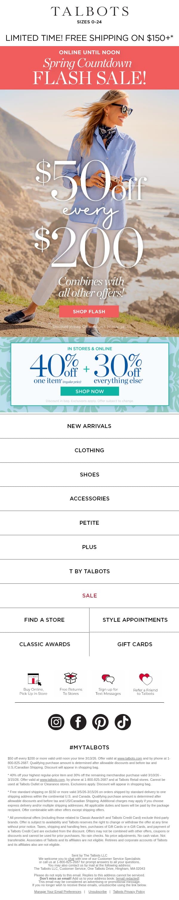 $50 off + up to 40% off 🌻 ENDS NOON 🌻 email from Talbots screenshot