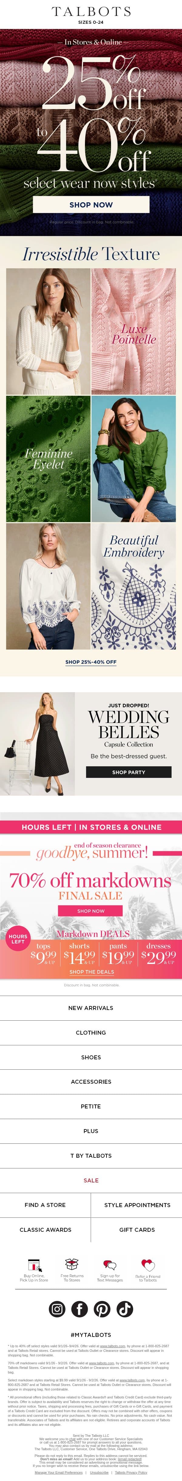 IRRESISTIBLE TEXTURES + 25-40% off select wear-now styles email from Talbots screenshot