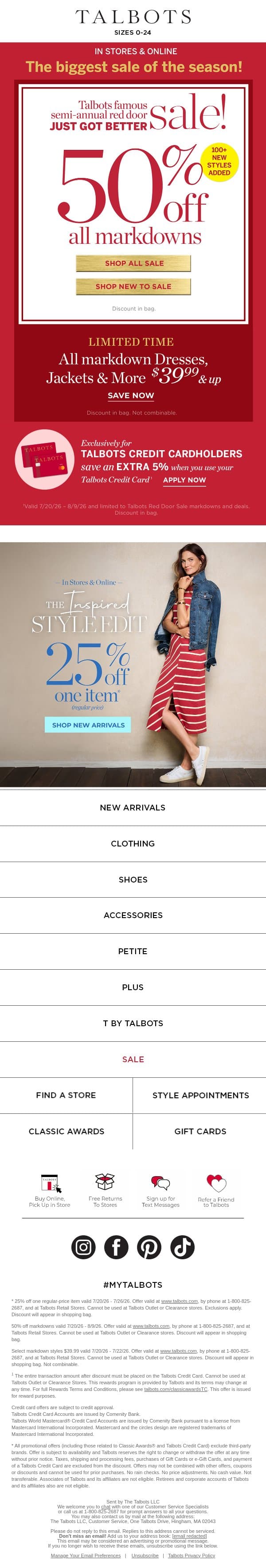 ❤️ Extra 50% off all markdowns & 100+ New Styles Added! ❤️ email from Talbots screenshot