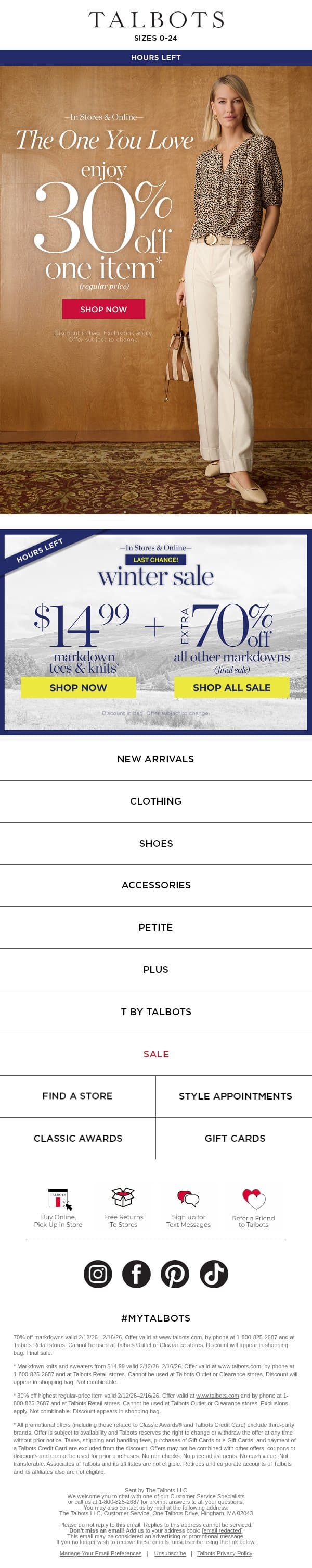 👋 Don’t miss 30% off one item—HOURS LEFT! email from Talbots screenshot