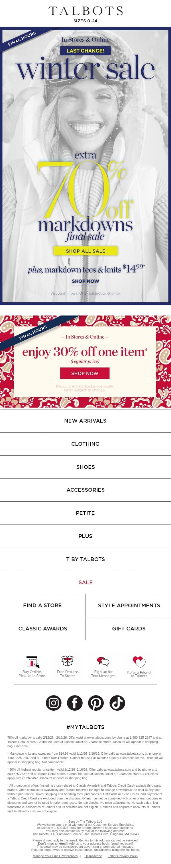 ⌛ Time’s slipping away for EXTRA 70% off CLEARANCE email from Talbots screenshot