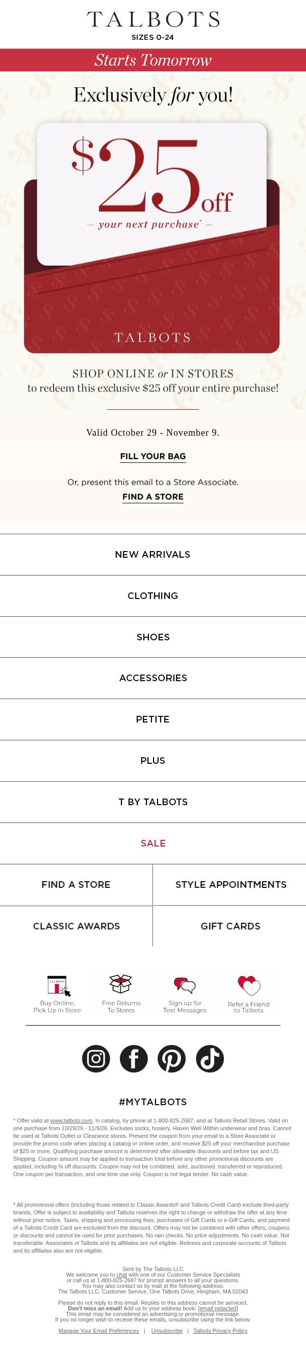 $25 off just for you STARTS TOMORROW! email from Talbots screenshot