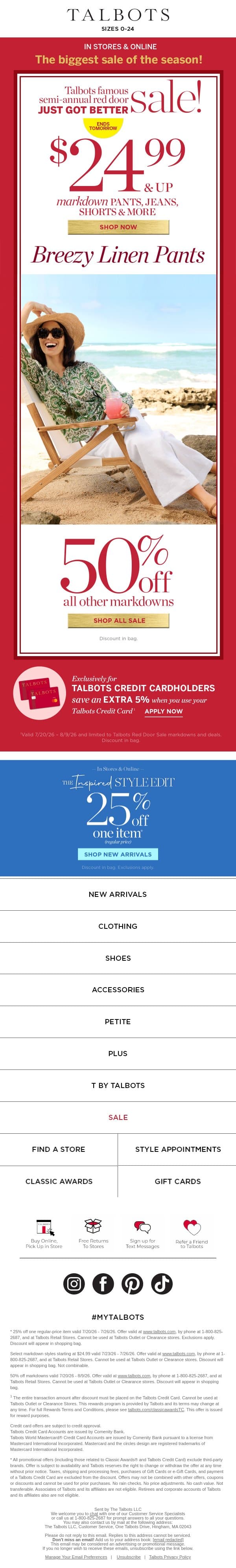 HURRY! $24.99 and up markdown pants & jeans ENDS TOMORROW email from Talbots screenshot