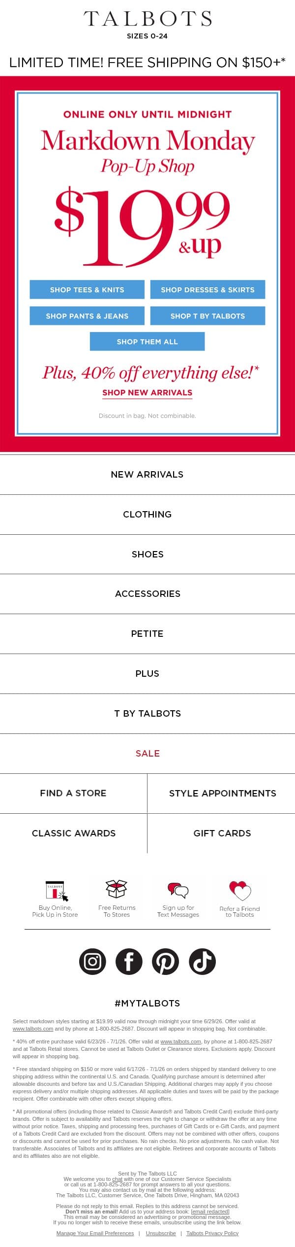 $19.99 & up markdowns, 8 HOURS ONLY. And SHOP! email from Talbots screenshot