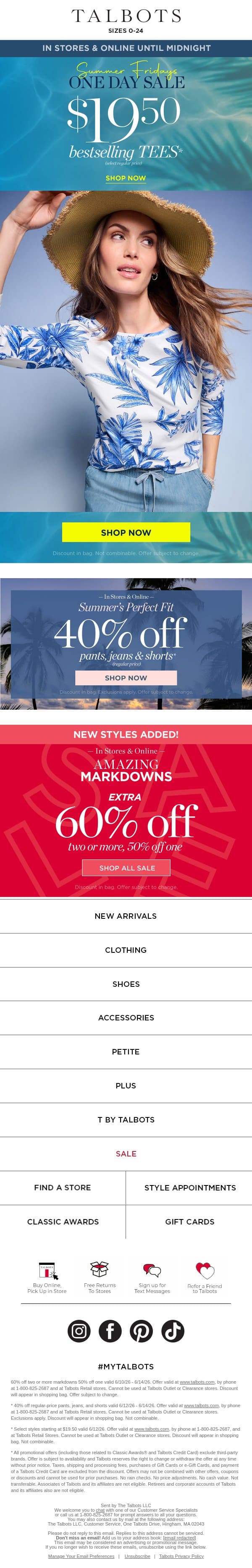 Summer Fridays $19.50 favorite tees TODAY ONLY! email from Talbots screenshot