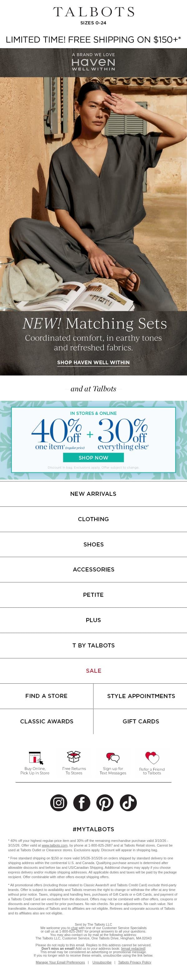 Dreamy Matching Sets + 40% off 1 email from Talbots screenshot