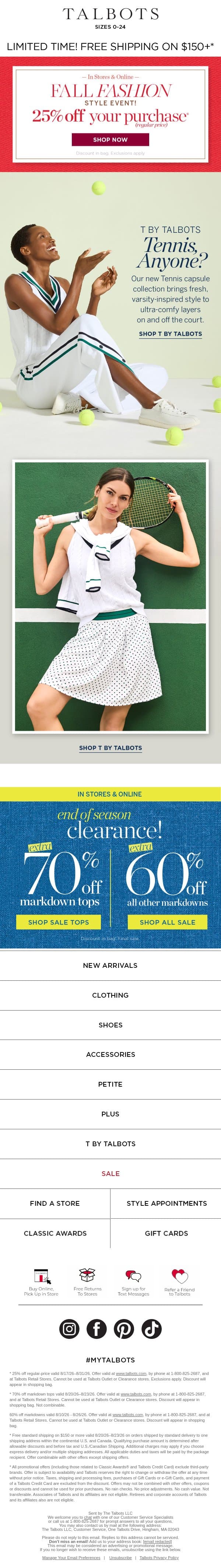 25% off your purchase + shop our new Tennis Capsule email from Talbots screenshot