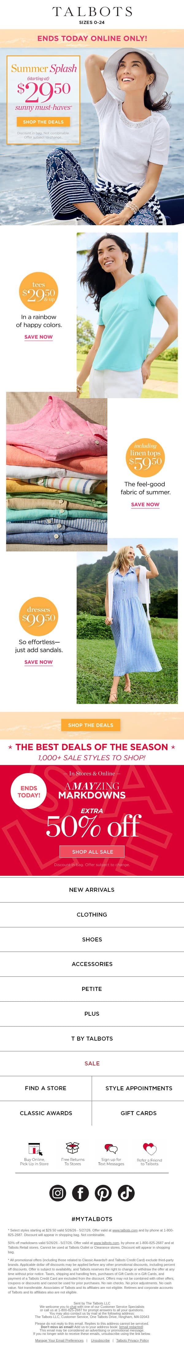 ENDS TODAY—$29.50 & up must-haves + EXTRA 50% off markdowns email from Talbots screenshot