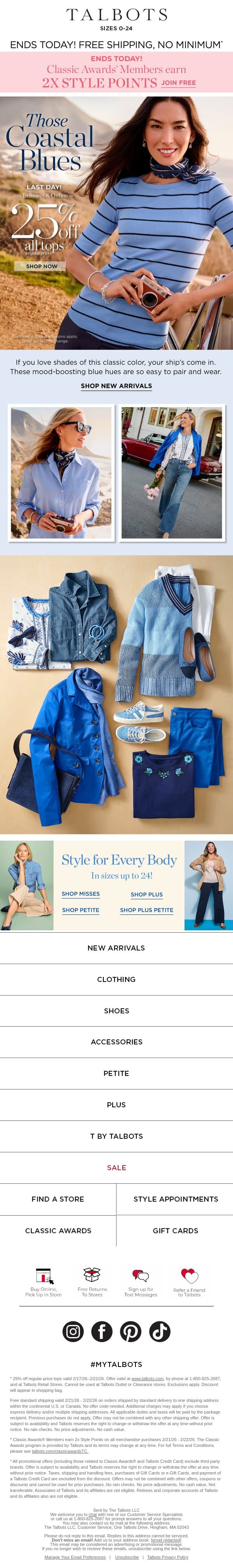 LAST DAY! 25% off Tops + FREE shipping email from Talbots screenshot